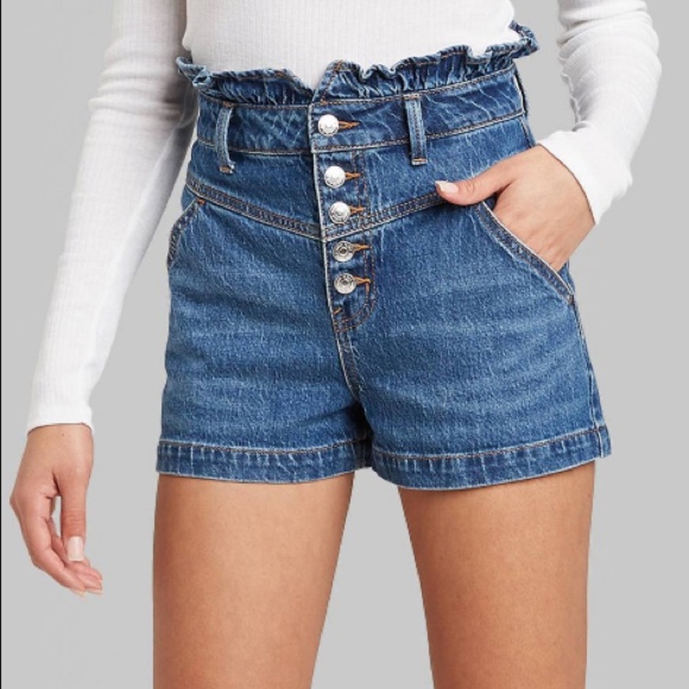 High-Rise Button Front Paperbag Waist Jean Shorts